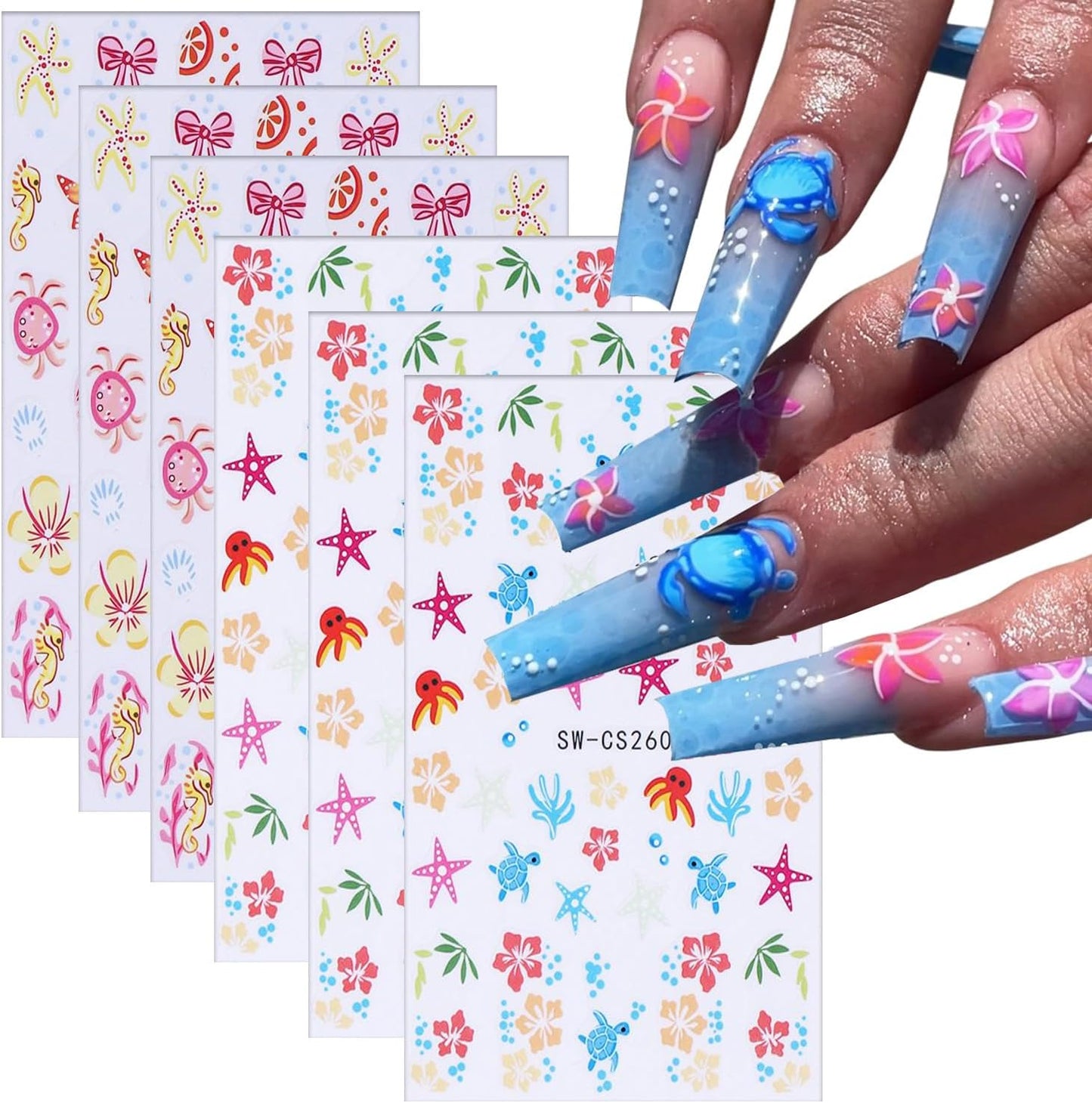 6 Sheets Ocean Style Nail Art Stickers 3D Self -Adhesive Starfish Sea Turtles Nail Decals Holographic Flower Bow Nail Stickers Summer Floral Seahorse Nail Decoration for Women Manicure Supplies