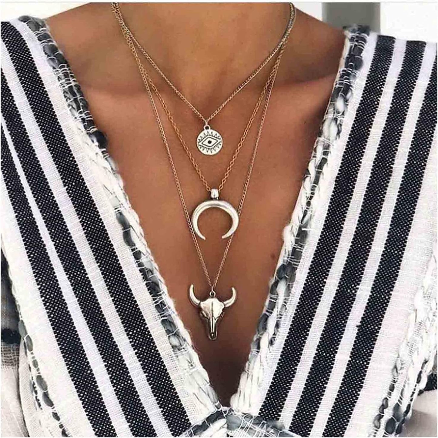 Boho Layered Moon Necklace Silver Compass Disc Pendant Necklace Chain Cow Evil Eye Charm Necklace Jewelry for Women