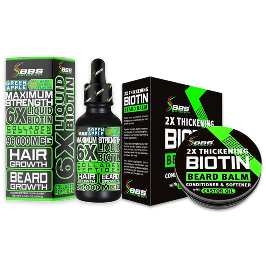 Beard Growth Kit w/ 2X Thickening Biotin Beard Balm/Beard Care & Beard Conditioner + 6X Liquid Biotin with Collagen Peptides for Beard & Hair Growth