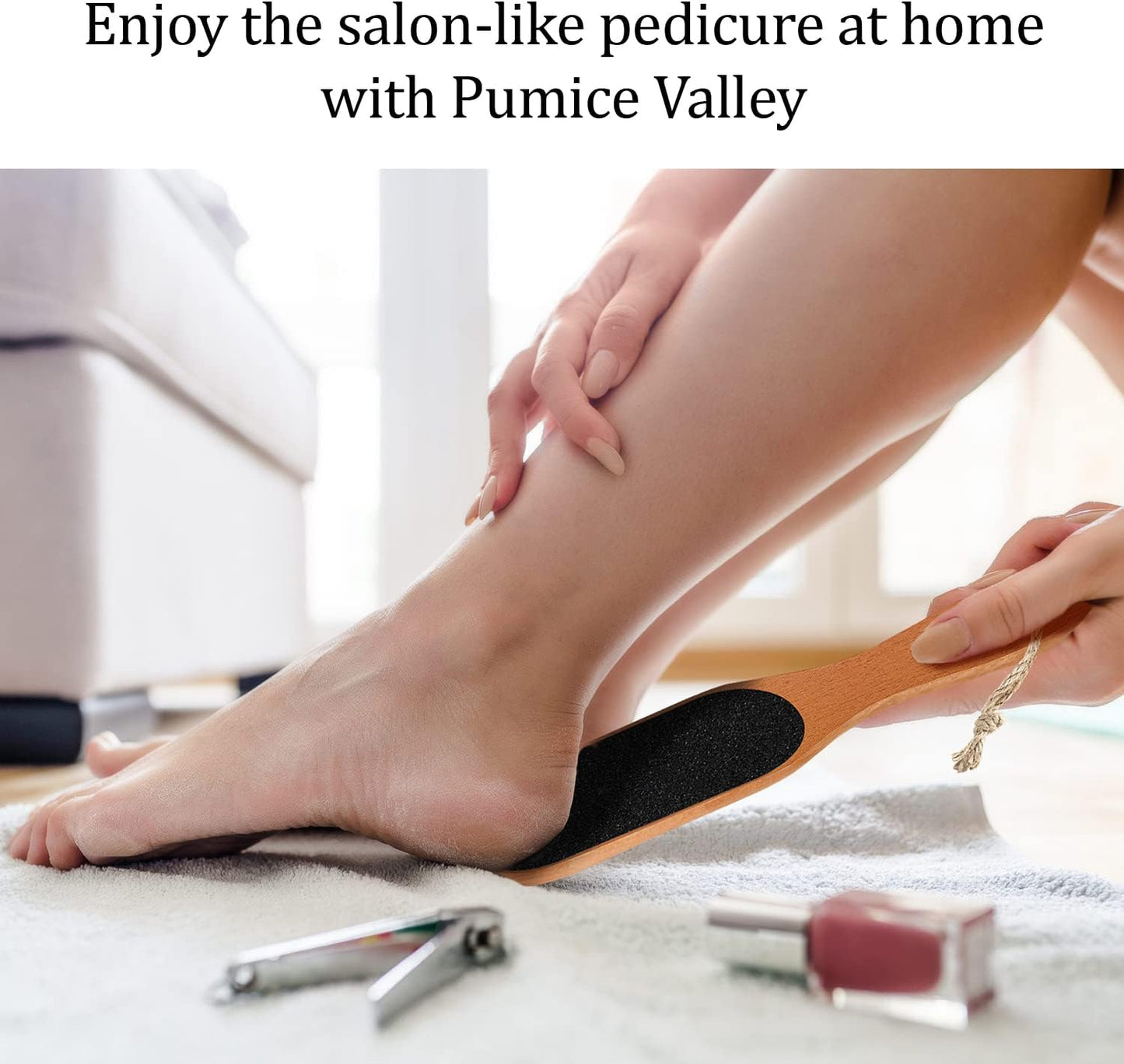 Pumice Stone Foot File - Wooden Pedicure Feet Scrubber with Handle for Callus, Dry, and Dead Skin Removal - Heel Scraper for Feet, Hands, and Body - Foot Filer for Use in Shower