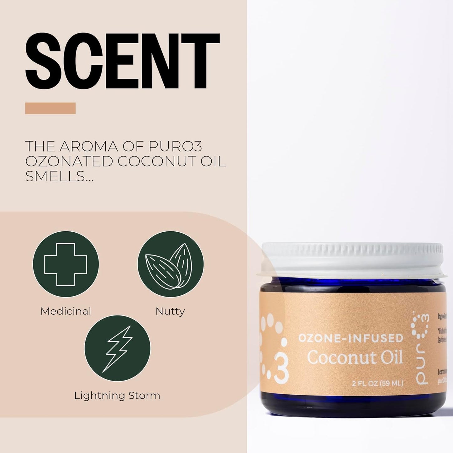 PurO3 Ozonated Coconut Oil – Pure, Natural, Organic Skincare for Face & Body – Oxygenated Healing Lotion, Moisturizer & Beauty Cream in a Glass Jar – O3 Therapy Salve, 2 oz