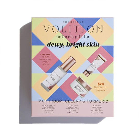 Volition Beauty Dewy Skin Kit Bundle with Celery Green Cream, Snow Mushroom Water Serum, Turmeric Brightening Polish | Age-Defies, Minimizes Pores & Brightens | Vegan, Paraben-Free & Cruelty-Free
