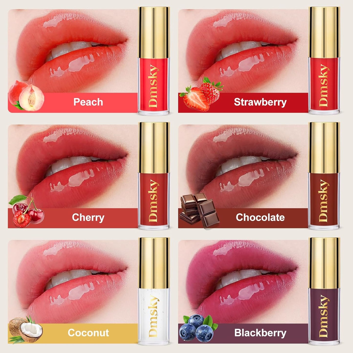 Dmsky Hydrating Lip Gloss Set 6 Pack, Tinted Lip Oil For A High-shine Finish, Nourishing Lip Plumper Gloss with Vitamin E, Non-Sticky and Vegan Color Lip Glow Oil