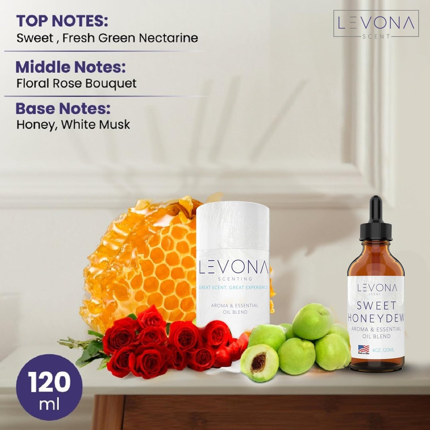 Levona Scent Oil Diffuser Essential Oils: Essential Oils Home Luxury Scents - Sweet Honeydew Essential Oil - Sweet & Fresh Notes of Nectarine and Floral Rose Essential Oil - 120 Ml Fragrance Oils