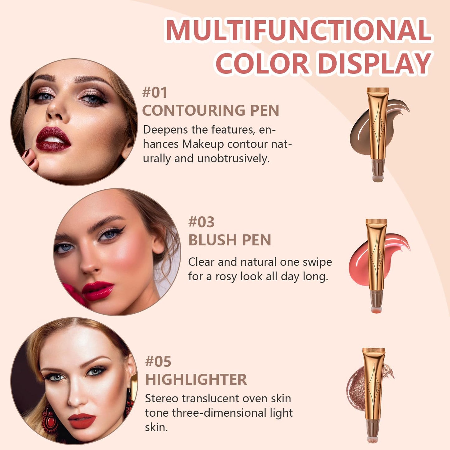 Liquid Contour Beauty Wand Set,Blush Liquid Contour Stick Highlighter Makeup With Cushion Applicator,Long Lasting Smooth Natural Matte Finish,Lightweight Blendable Super Silky Cream Sticks (01#03#05)
