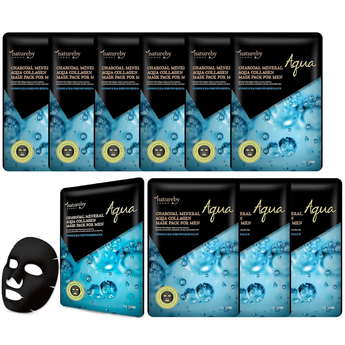 Charcoal Mineral Mask Pack for Men, Korean Skincare Face Wrinkle Treatmen Mask Sheets, Men's Skin Care Sets, Travel Essentials & Gift Sets for Men (Aqua Collagen, Pack of 10pcs)