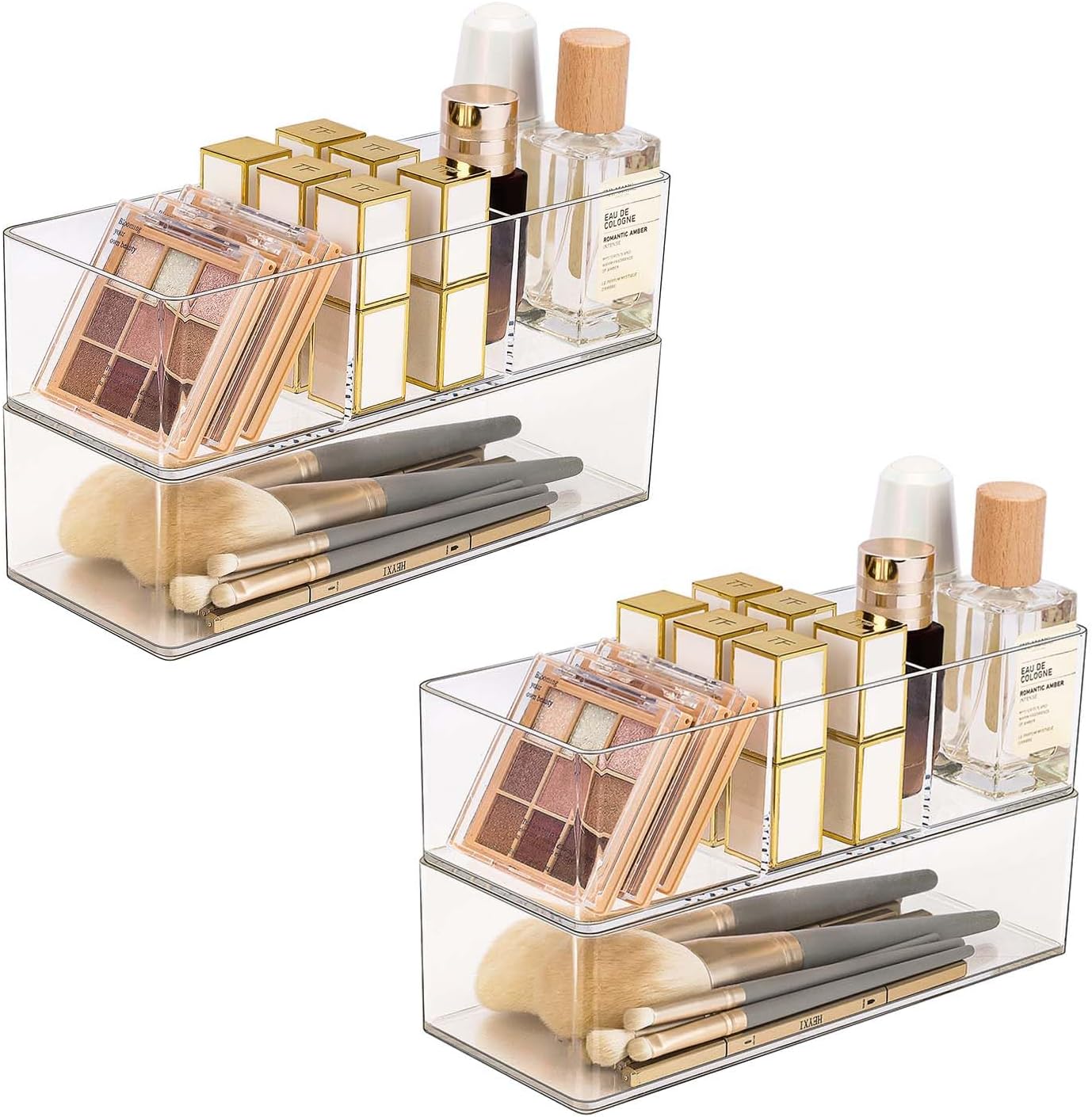 JessLab Acrylic Organizers, Bathroom Organizer for Drawer, 4-Pack Cosmetic Display Cases for Vanity, Countertop, Desk, Kitchen, and Makeup Storage, 2 of 1-Compartment and 2 of 3-Compartment