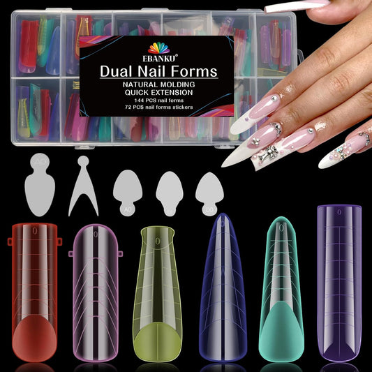 Dual Forms for Poly Gel Extension, 6 Colors Nail Form, 6 Styles Nail Forms for French Nails, 72PCS Duet System Dual Forms Sticker Silicone Pads for French Manicure Extension-12 Sizes, 144PCS
