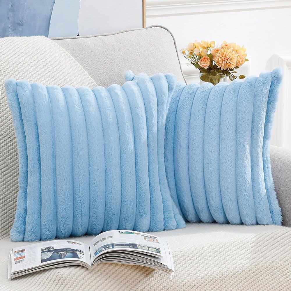 MADIZZ Set of 2 Faux Wool Plush Decorative Throw Pillow Covers 22x22 Inch Light Blue Fluffy Striped Soft Decorative Cushion Cover for Sofa Bedroom Pillow Shell