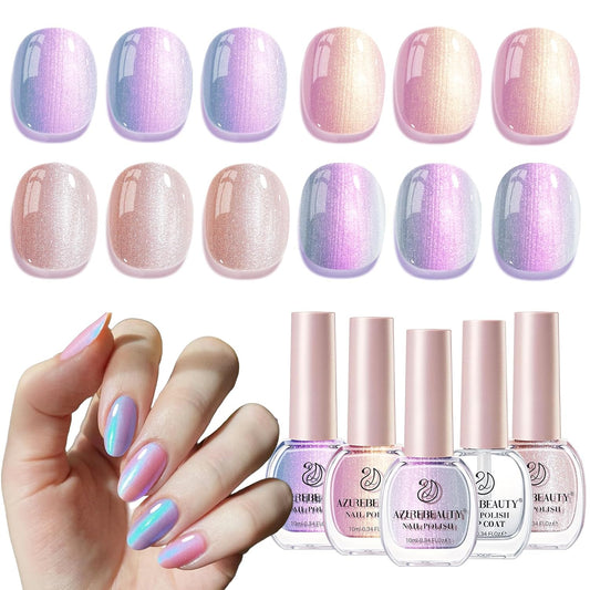 AZUREBEAUTY Nail Polish Set, 4 Colors Pearl Shimmer Blue Pink White Quick Dry Natural Nail