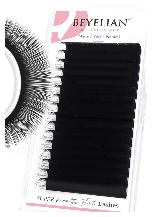 BEYELIAN Ellipse Flat Lash Extension 16 Rows 0.15 C Curl 15mm Single Length Tray Flat Eyelash Extension Matte Black Classic Lash Extensions Professional Supplies