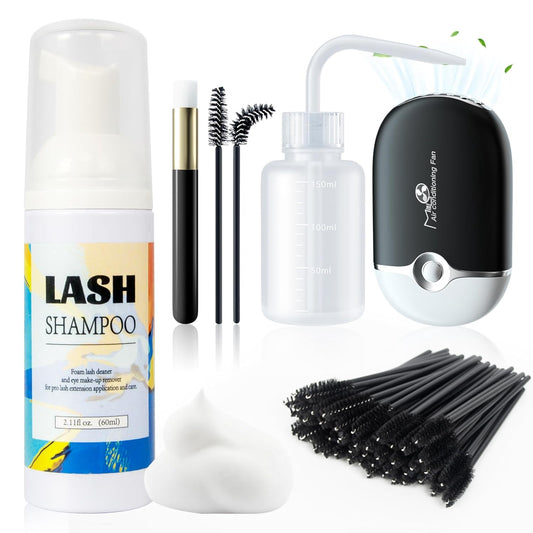 Buqikma Lash Shampoo for Lash Extensions, Mini Lash Fan 2.11Floz Rich Foam Eyelash Shampoo 50 Pcs Eyelash Brush and Rinse Bottle for Eyelash Wash Remover Lash Extension Cleanser for Home Use (Black)