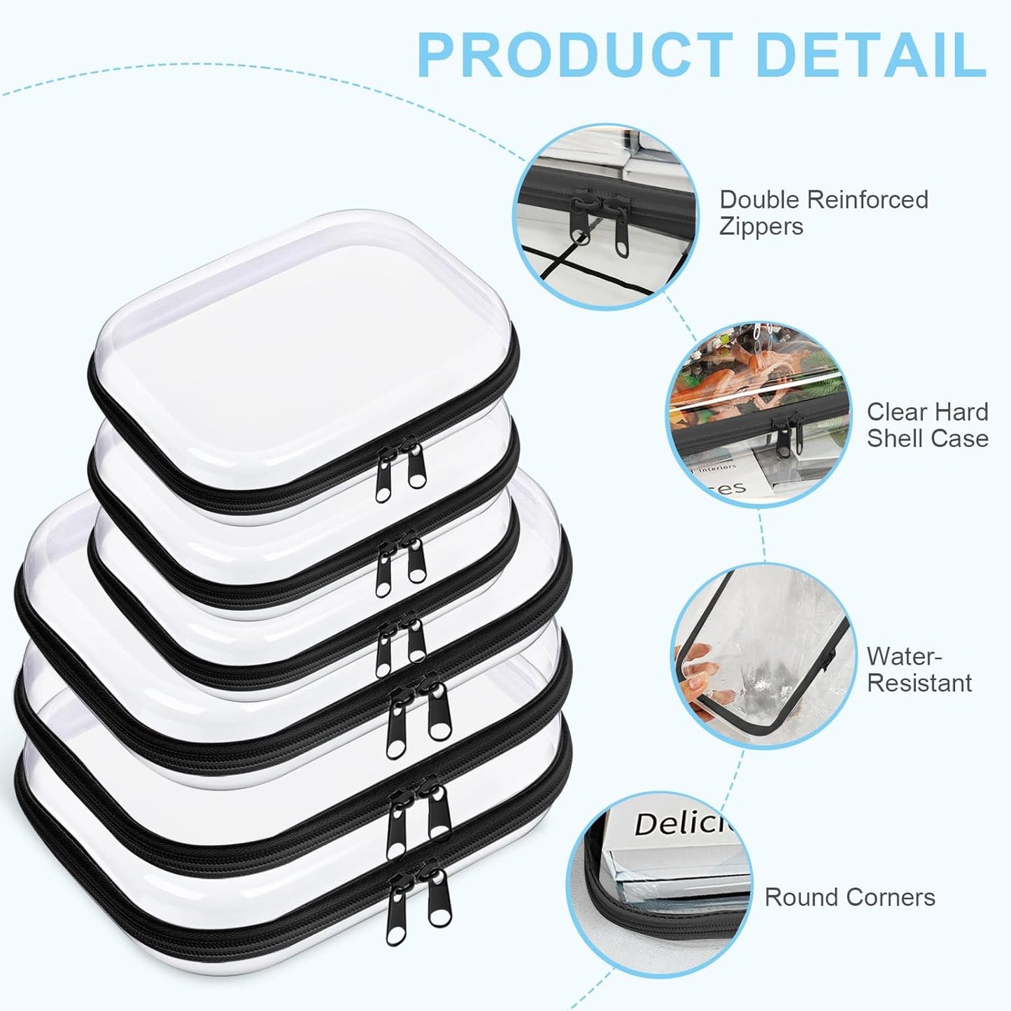 6 Pcs Clear Hard Zipper Case Hard-Sided Premium Storage Case Plastic Clear Hard Shell Zipper Pouch Portable Travel Organizer Box for Travel Building Blocks Puzzles Cosmetics Makeup Supplies (Black)