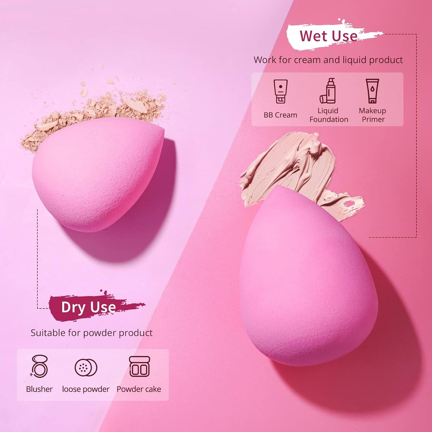 BEAKEY Latex-Free Blender Makeup Sponge for Blending, Pink Makeup Sponge Set, Soft Beauty Sponge, for Flawless Application of Liquid, Cream, and Powder Cosmetics