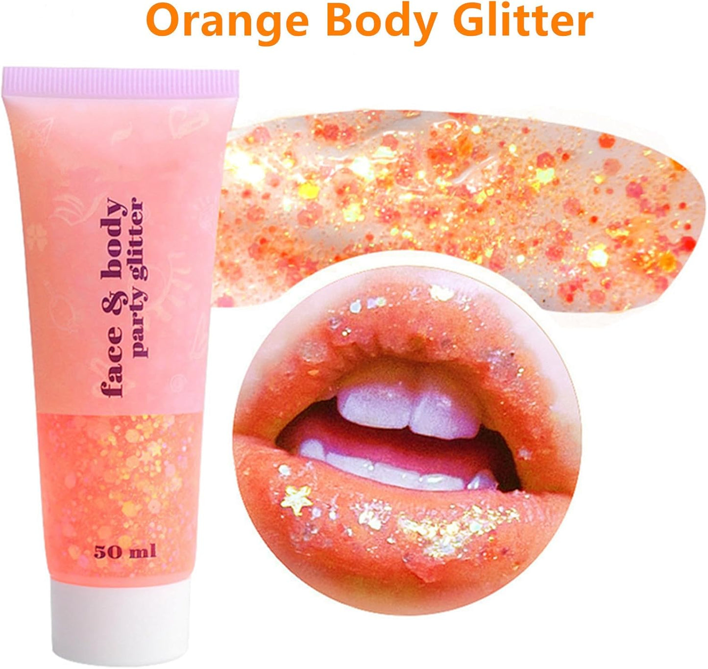 Go Ho Orange Face Body Glitter,Sparkle Orange Face Paint Glitter Makeup,Holographic Chunky Sequins Glitters Gel for Eye Lip Hair Nails,Festival Rave Accessories,52g
