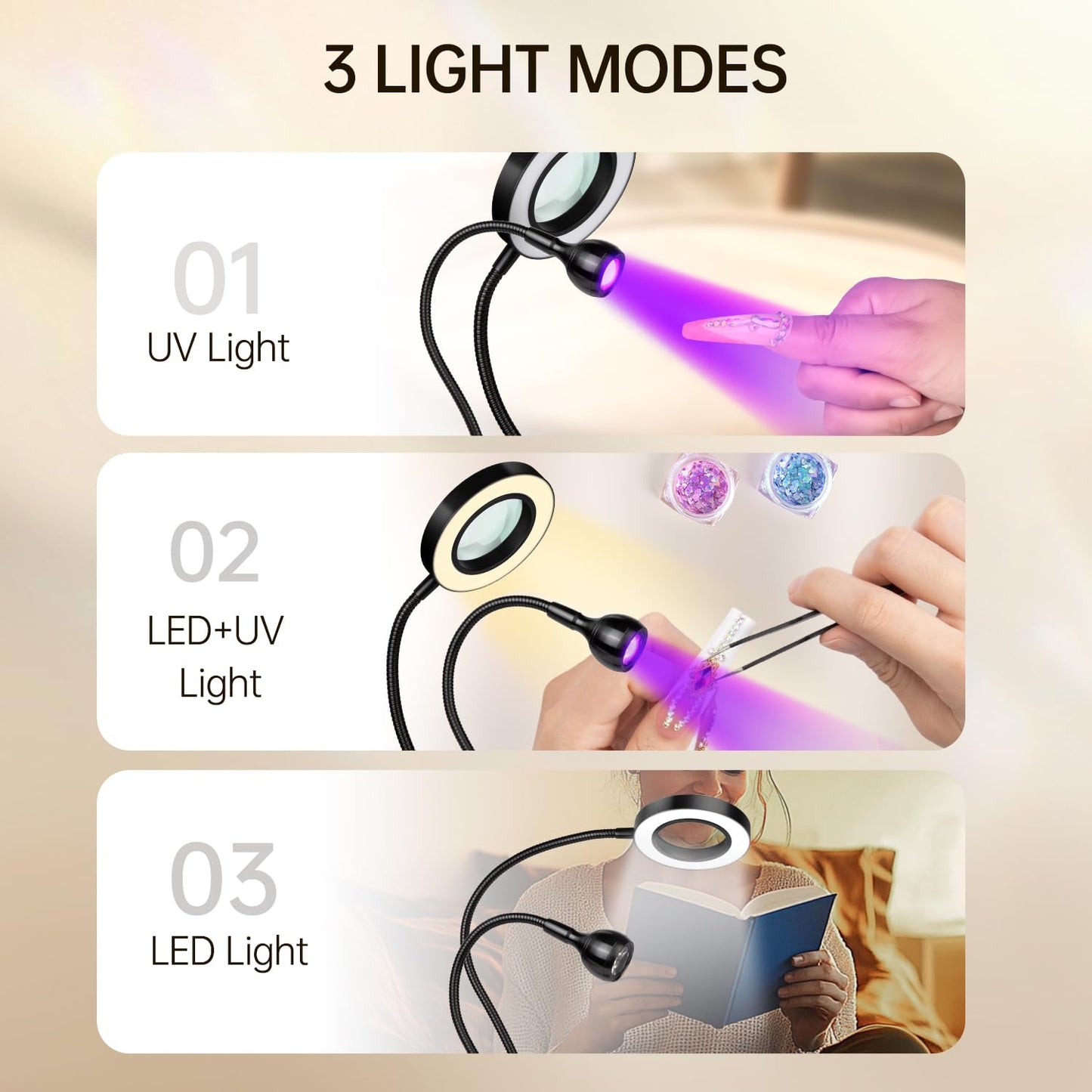 AORAEM LED UV Nail Lamp: Double-Headed Gooseneck U V Lamp for Gel Nails, LED Flash Cure Light with 6X Magnifier Home DIY Salon, Black