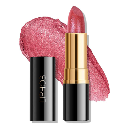 KYDA Red Shimmer Lipstick, Metallic Pearl Lipstick, Lasting Non-sticky Glitter Lips Color, High Glossy Lips Makeup for Women, Mocha Red