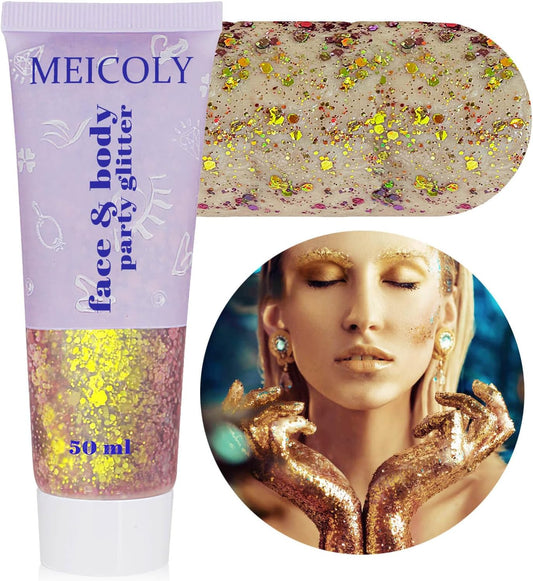 MEICOLY Chameleon Gold Body Glitter,Mardi Gras Outfit for Women,Color Changing Face Glitter,Chunky Glitter Face Paint,Holographic Glitter Sequins for Face Body Hair,Festival Party Glitter Makeup,50ml