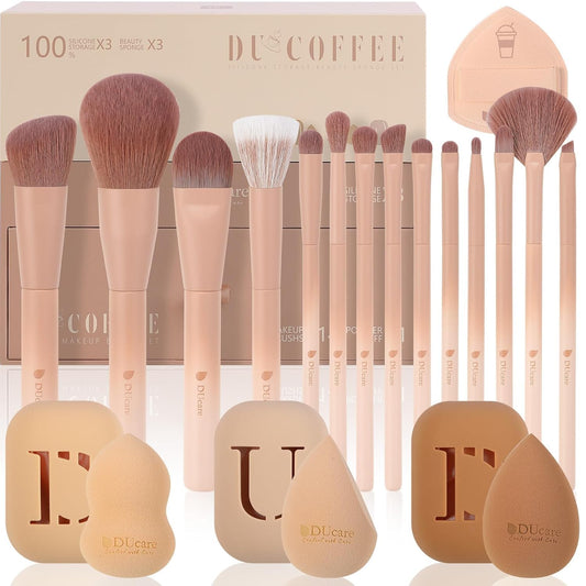DUcare Makeup Brushes Set 14Pcs Coffee Series Makeup Brush set with Makeup Sponges Gifts Foundation Blending Face Powder Blush Eye Shadows Brushes