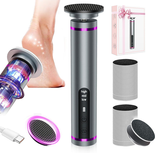 Electric Callus Remover for Feet, 3 Speeds Electric Foot Callus Remover with Powerful Brushless Motor, 2600mAh Runs for 7Hours, Washable Nano Glass Head, 60 Pcs Sandpaper Discs, Gift for Women & Men