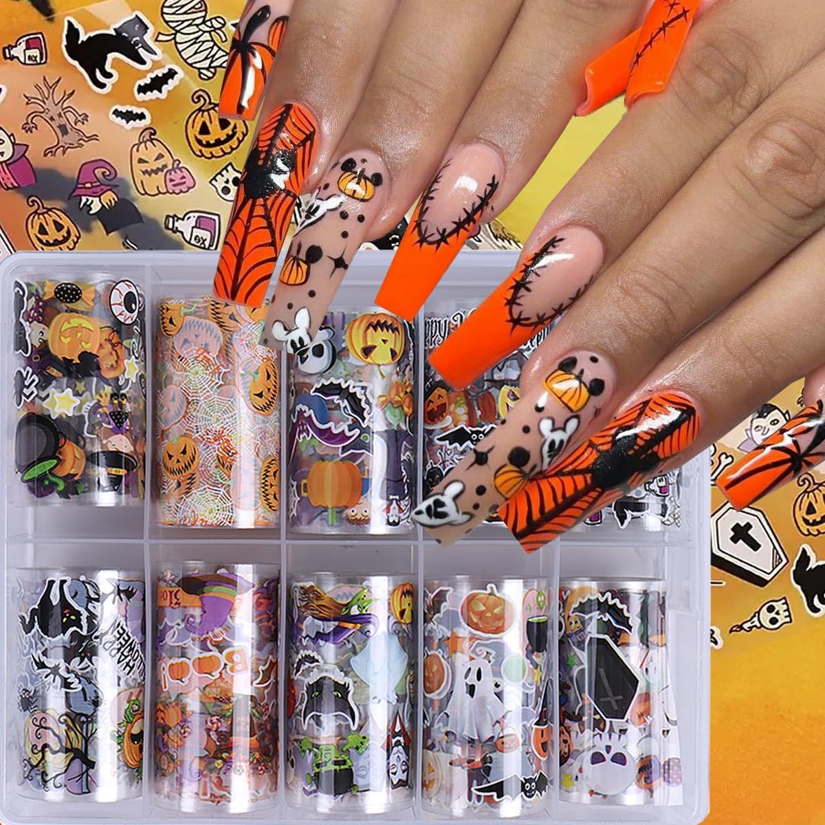 Halloween Nail Art Foils Transfer Stickers Halloween Nail Art Stickers Decals 10Rolls Pumpkin Spider Web Ghost Spider Nail Foils Adhesive Decals Nail Supplies for Women Holiday DIY Manicure Decoration