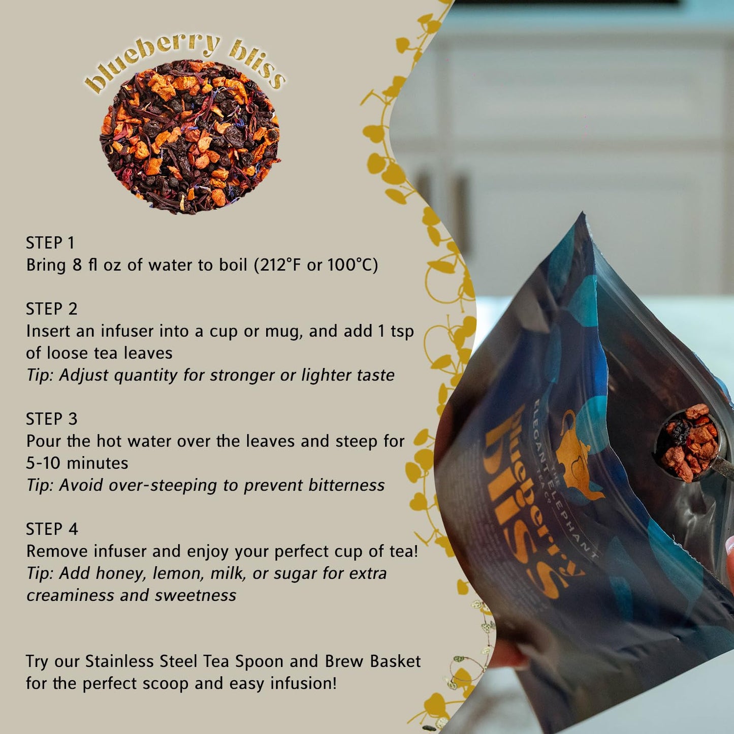 Blueberry Bliss Tea, Organic Loose Leaf Herbal Tea – Real Fruit, Summer Juice, Caffeine-Free, Refreshing Sweet Iced Drink – 4 oz Resealable Bag (Makes 50 Cups)