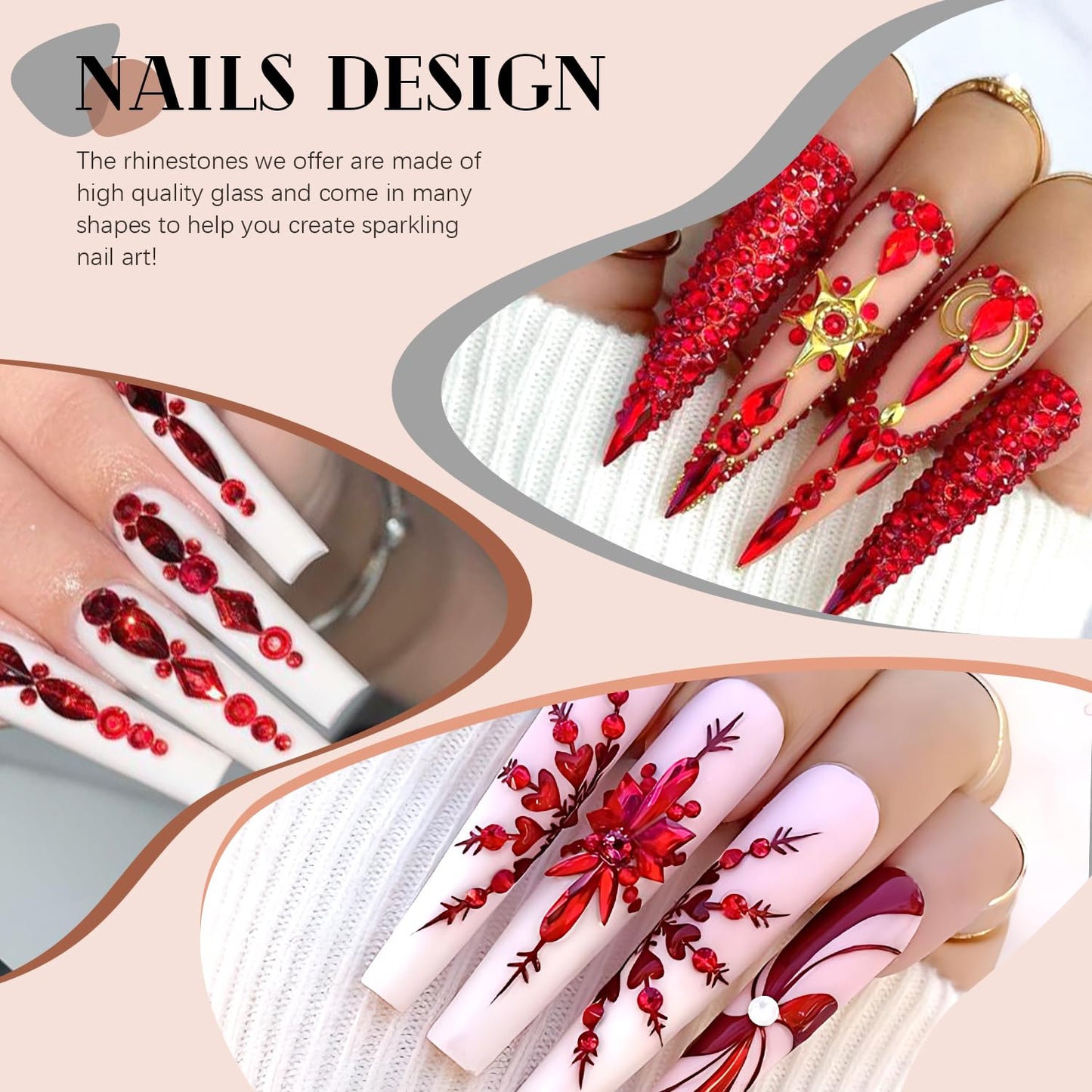 3220Pcs Red Glass Nail Rhinestones 120Pcs Multi Shapes Flatback Gems Crystal + 3100Pcs 1.5-4mm Round Beads, Manicure Diomand Jewelry Gemstones for Nail Design Makeup Acrylic Nails Decoration