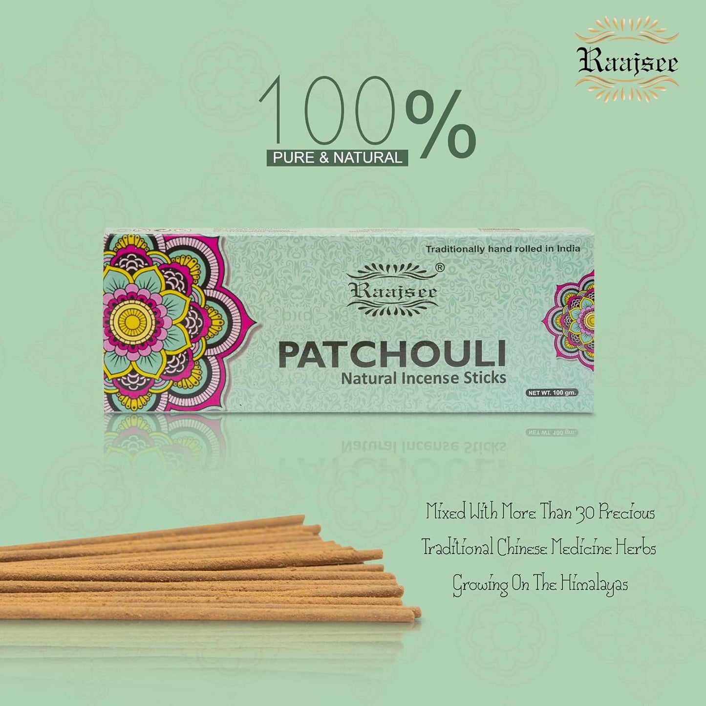 Raajsee Patchouli Incense Sticks 100 gm Pack-100% Pure Organic Natural Hand Rolled Free from Chemicals-Perfect for Church,Aromatherapy,Relaxation,Meditation,Positivity & Sensual Therapy
