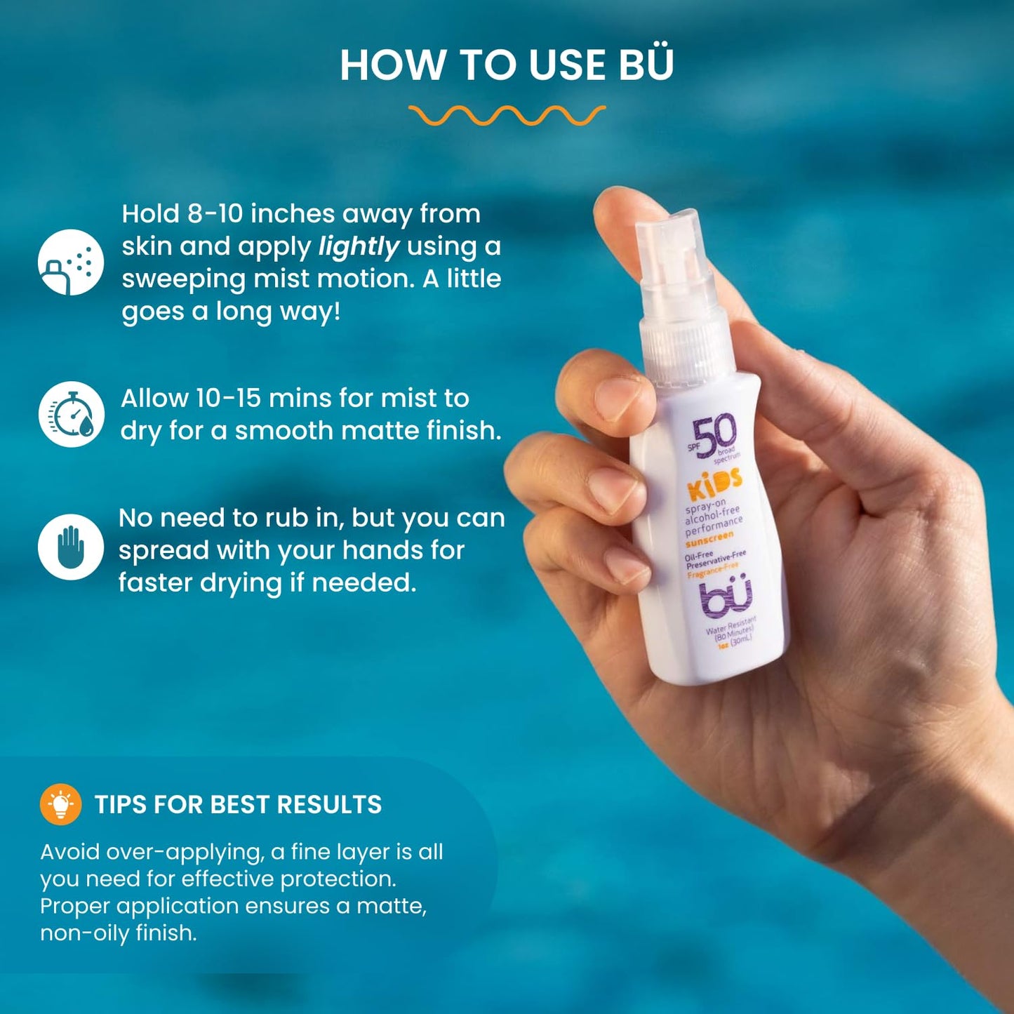 BU SPF 50 Fragrance Free Kids Sunscreen Spray for Face and Body, TSA Travel Size Sunscreen, Clear Non Aeorsol Spray, Non Greasy, Water Resistant and Oil Free, 1 oz (4-pack)