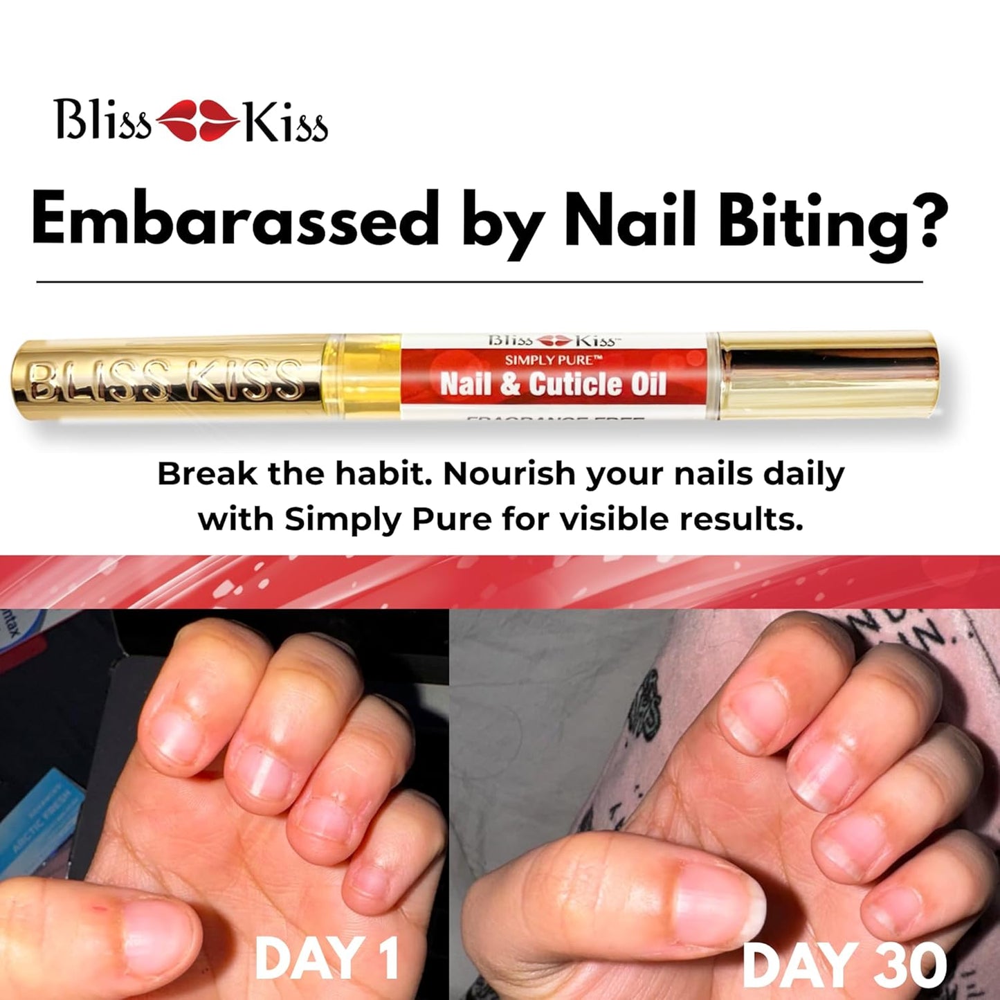 Bliss Kiss | 1 Candy Cane Fragrance | Nail Oil Cuticle Pen w/Vitamin E & Jojoba⏤Nail Strengthener Nail Growth Serum for Brittle Peeling Breaking Thin Nails