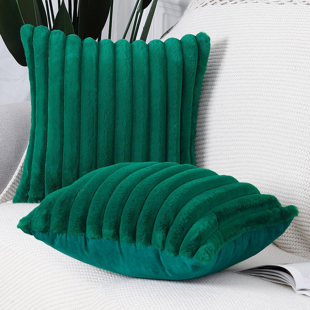MADIZZ Set of 2 Faux Wool Plush Decorative Throw Pillow Covers 24x24 Inch Green Fluffy Striped Soft Decorative Cushion Cover for Sofa Bedroom Pillow Shell