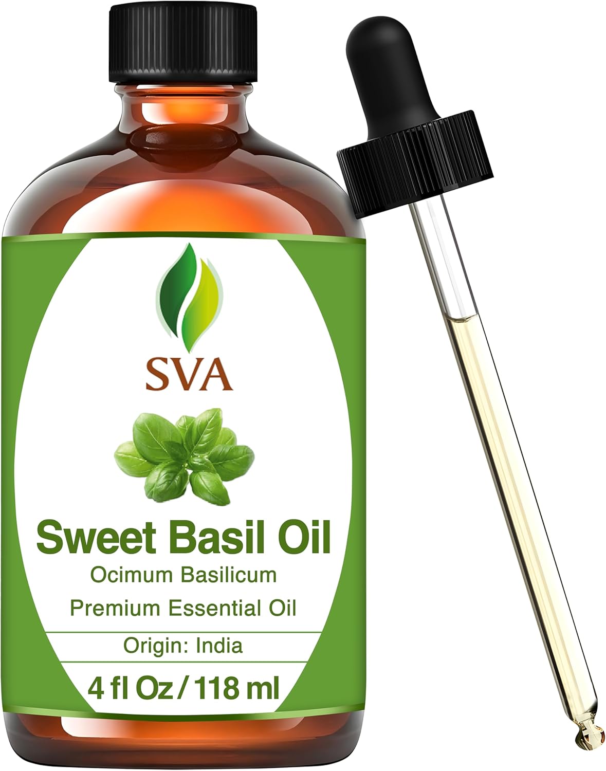 SVA Sweet Basil Essential Oil – 4 Fl Oz – 100% Natural Basil Oil - for Diffuser, Hair Care, Face, Skin Care, Aromatherapy, Scalp and Body Massage, Soap and Candle Making – with Dropper