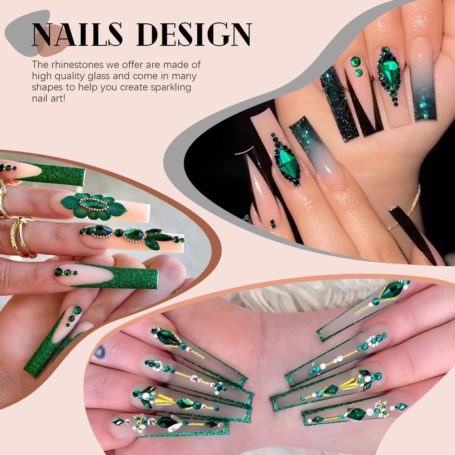 2060Pcs Emerald Green Glass Nail Rhinestones 60Pcs Multi Shapes Flatback Nail Gems + 2000Pcs 1.5-4mm Round Crystal with Rhinestones Glue Gel, Manicure Nail Charms Diamond Gemstone for Nail Art