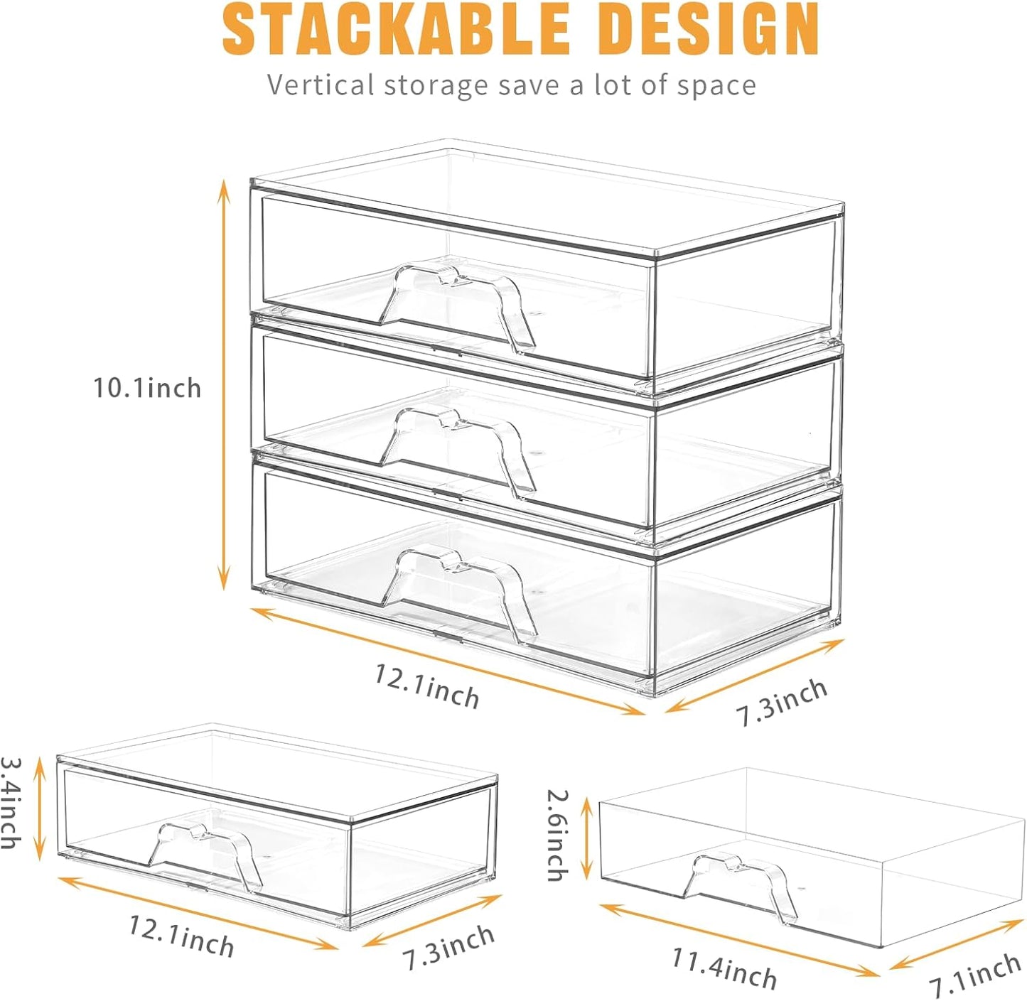 3 Pack Stackable Makeup Organizer, 12.1''L Acrylic Bathroom Organizer and Storage Undersink Drawer, Cosmetics and Beauty Supplies,Clear Plastic Storage Bins for Vanity,Pantry,Desk,Cabinet,Kitchen