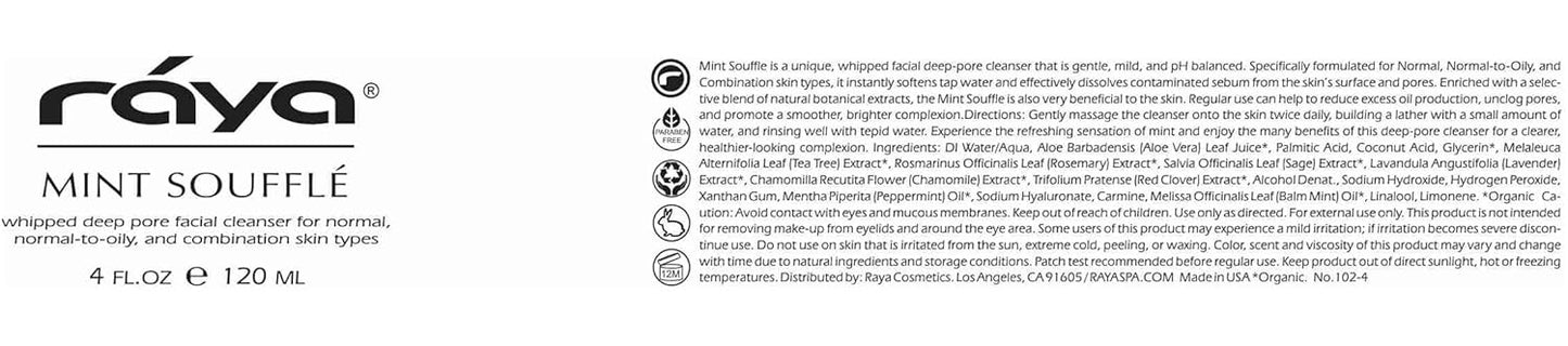 Raya Mint Soufflé Facial Cleanser 8 oz (102) | pH Balanced Face Wash for Oily and Combination Skin| Helps Clear Clogged Pores and Smooth Complexion