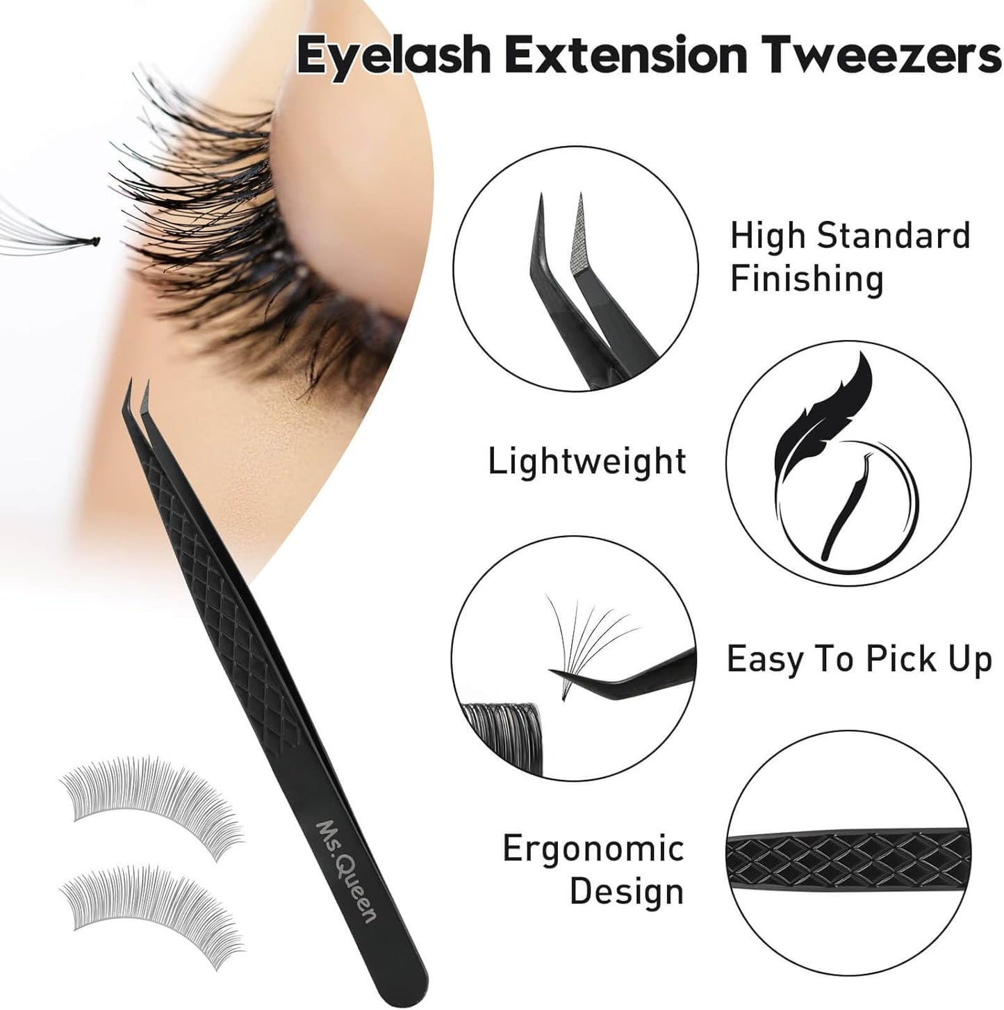 Ms.Queen Lash Tweezers for Eyelash Extensions,Set of 5,Fiber Tip Curved 45 90 Degree and L-Shape Boot Lash Tweezers for Mega Volume & Classic Lashes,Black