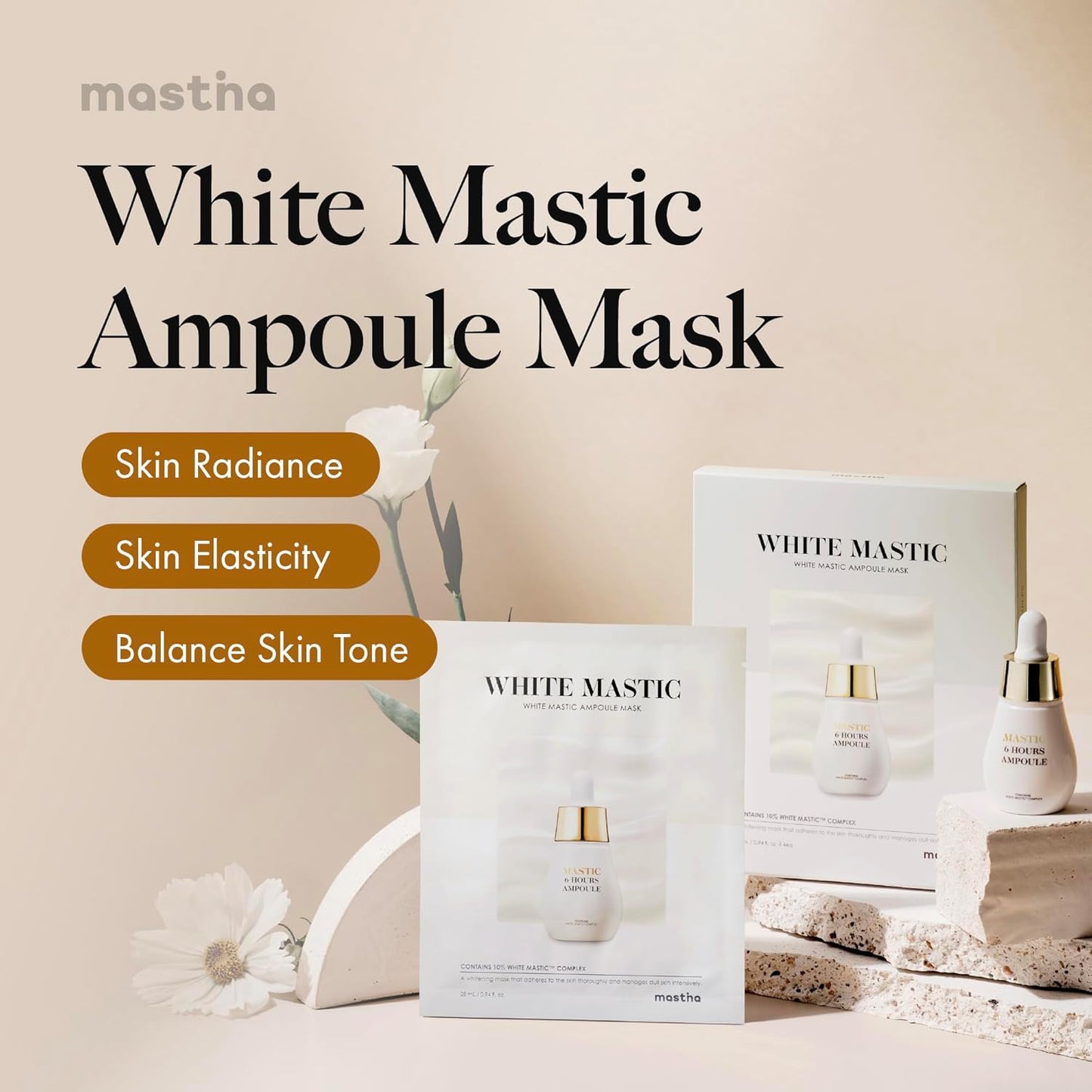 MASTINA White Mastic Ampoule Sheet Mask (4pc) Illuminating, Radiance-Boosting. Ultra-Moisturizing Facial Mask. Intensive Korean Skin Care. Fermented Mastic Gum