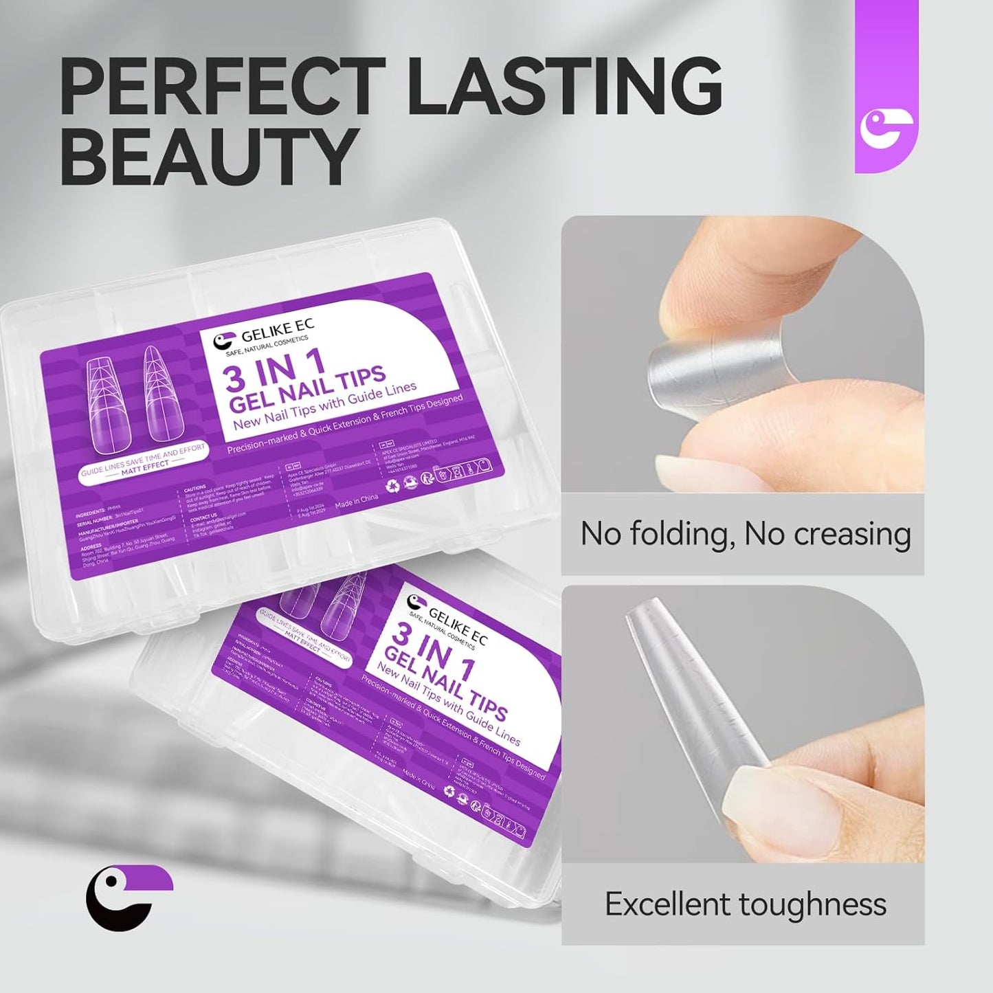 Guiding Line Nail Tips for Salon: Gelike EC Full Matte Coffin Gel Nail tips with Auxiliary Positioning Line - Nail Extension Tips for Professional -100 Pcs 10 Sizes