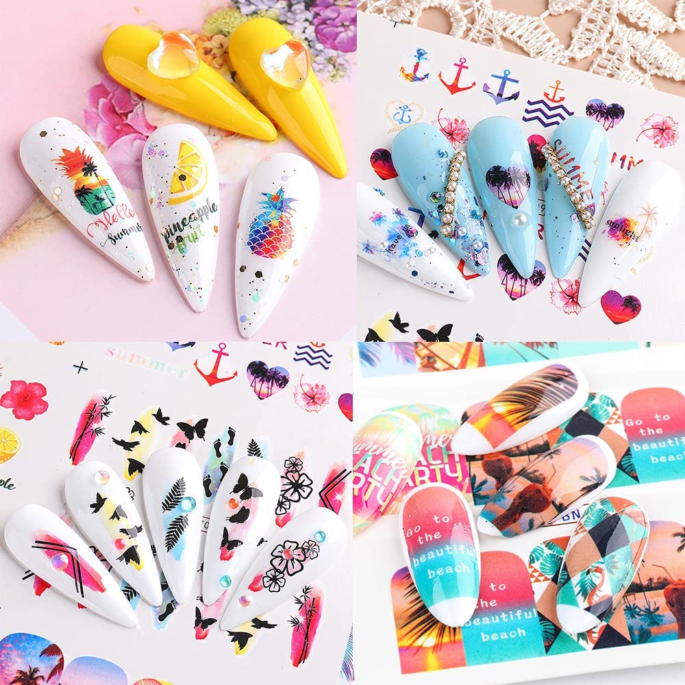 Summer Nail Art Stickers Decals, 12 Sheets of Fruit Hawaii Design Water Transfer Nail Slider Tattoos Holographic Colorful Pineapple Watermelon Pattern Acrylic Nail Art for Summer DIY Nail Decoration