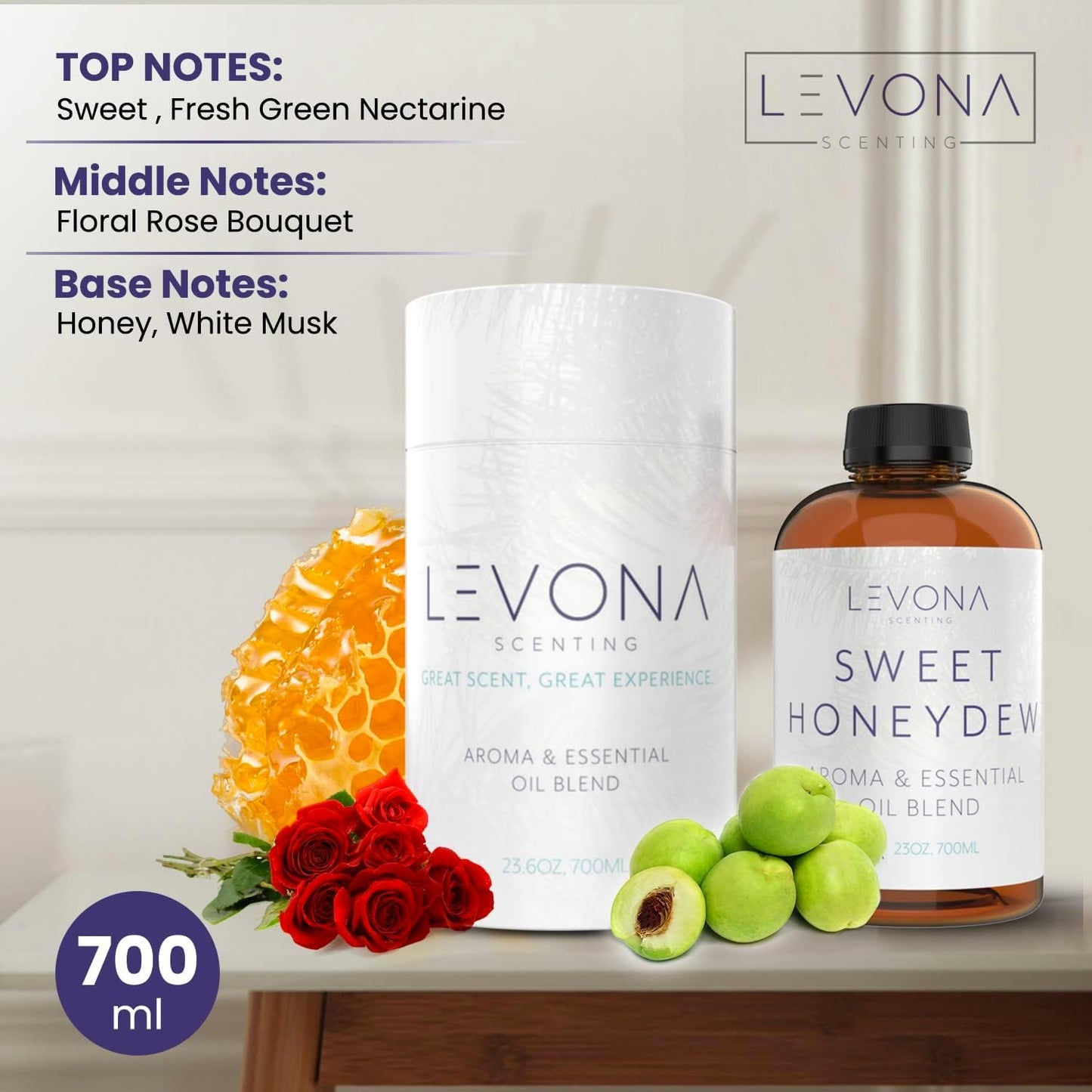 Levona Scent Oil Diffuser Essential Oils: Essential Oils Home Luxury Scents - Sweet Honeydew Essential Oil - Sweet & Fresh Notes of Nectarine and Floral Rose Essential Oil - 700 Ml Fragrance Oils