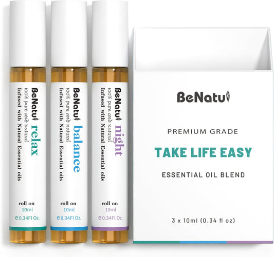 Essential Oil Set (Relax, Night, Balance), Aromatherapy Roll On Blends for Massage, Body Care & Home Use, Great Fragrance Gift for Men & Women Relaxation