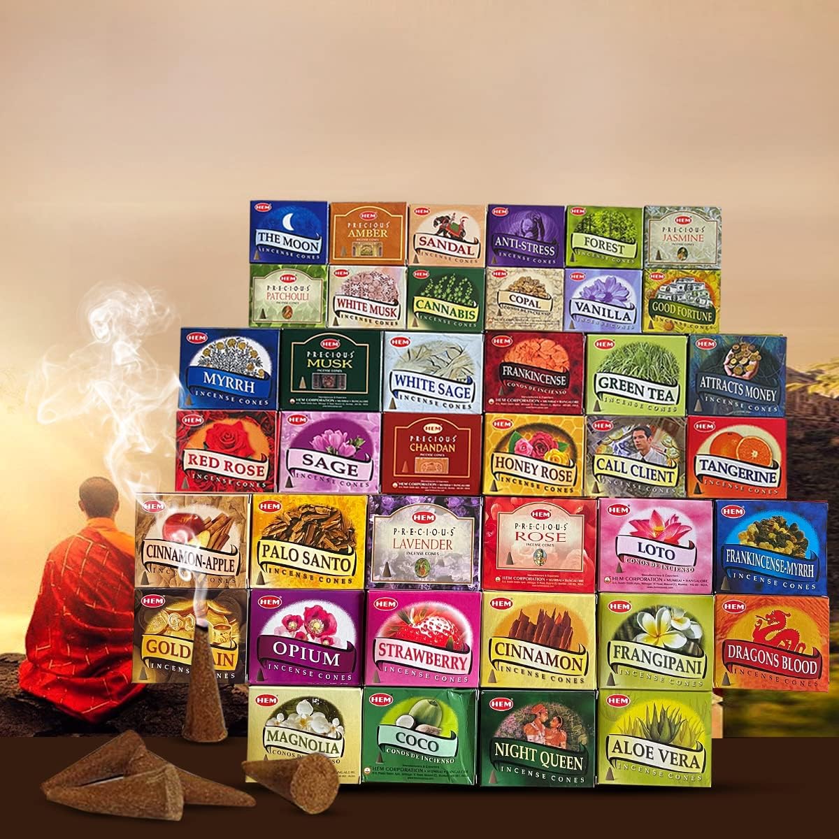 Hem Incense Cones Variety Pack of 12 Randomly Selected Fragrances and Incense Cone Holder Bundle Total 120 Cones
