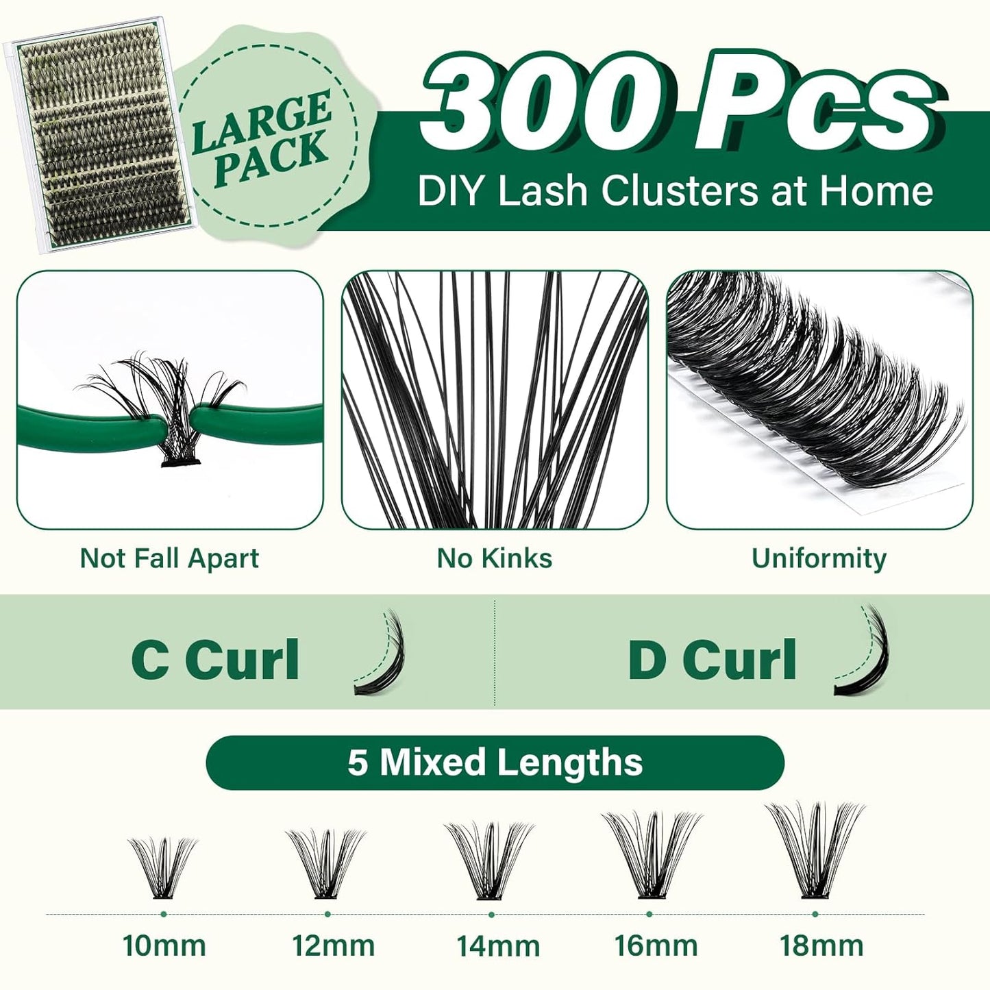 KEYYOU Lash Extension Kit DIY 300Pcs Lash Clusters Eyelash Extension Kit Lash Clusters Kit with Lash Glue Remover Applicator Easy to Use for Beginners(Kit,30D40D50D-C,8-16MIX)