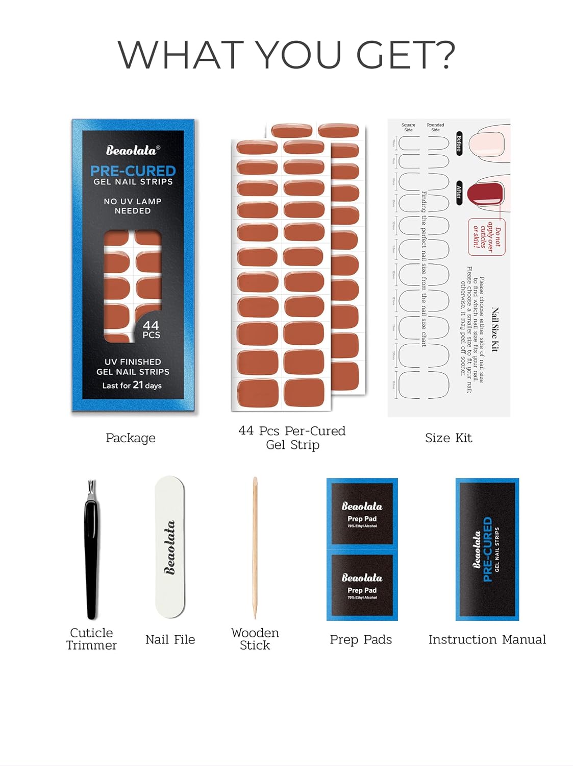 Pre Cured Gel Nail Strips - 44PCS Salon Quality Gel Nail Stickers - Long Lasting Polish Wraps for Women no UV Light Needed Easy Apply& Remove (Walnut Brown)