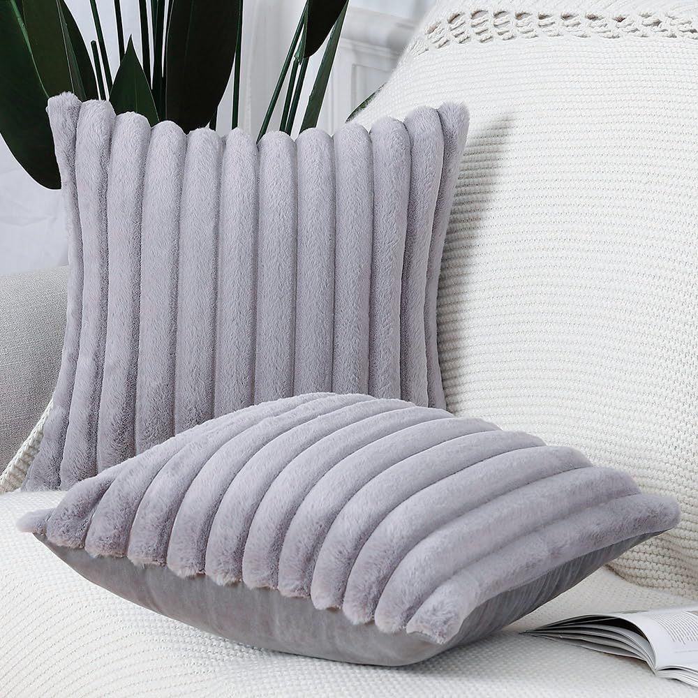 MADIZZ Set of 2 Faux Wool Plush Decorative Throw Pillow Covers 20x20 Inch Grey Fluffy Striped Soft Decorative Cushion Cover for Sofa Bedroom Pillow Shell
