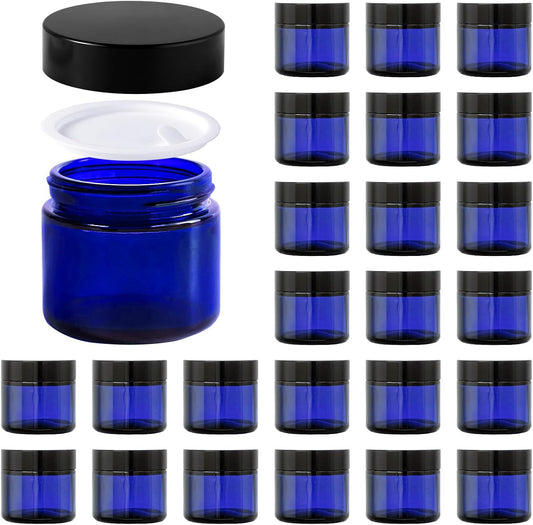 2oz Jars with Lids, Hoa Kinh 24 Pack Blue Glass Jars with Lids Empty Cosmetic Containers Round Airtight Glass Jar with Inner Liners and black Lid for Storing Lotions, Powders, and Ointments