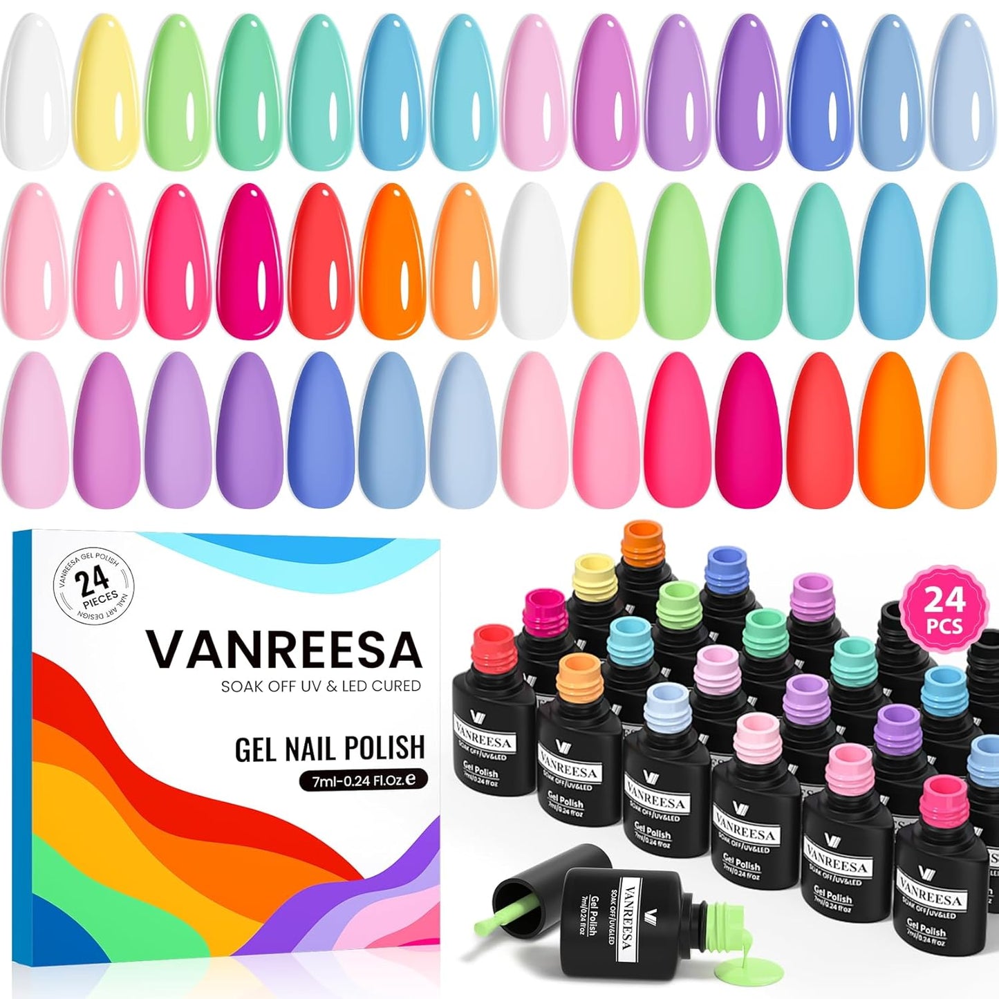 VANREESA 24 Pcs Gel Nail Polish Set, 21 Colors Gel Polish with Base Coat Glossy & Matte Top Coat Yellow Green Blue Pink Purple Orange Gel Polish Kit Nail Kit Gifts for Women Girls