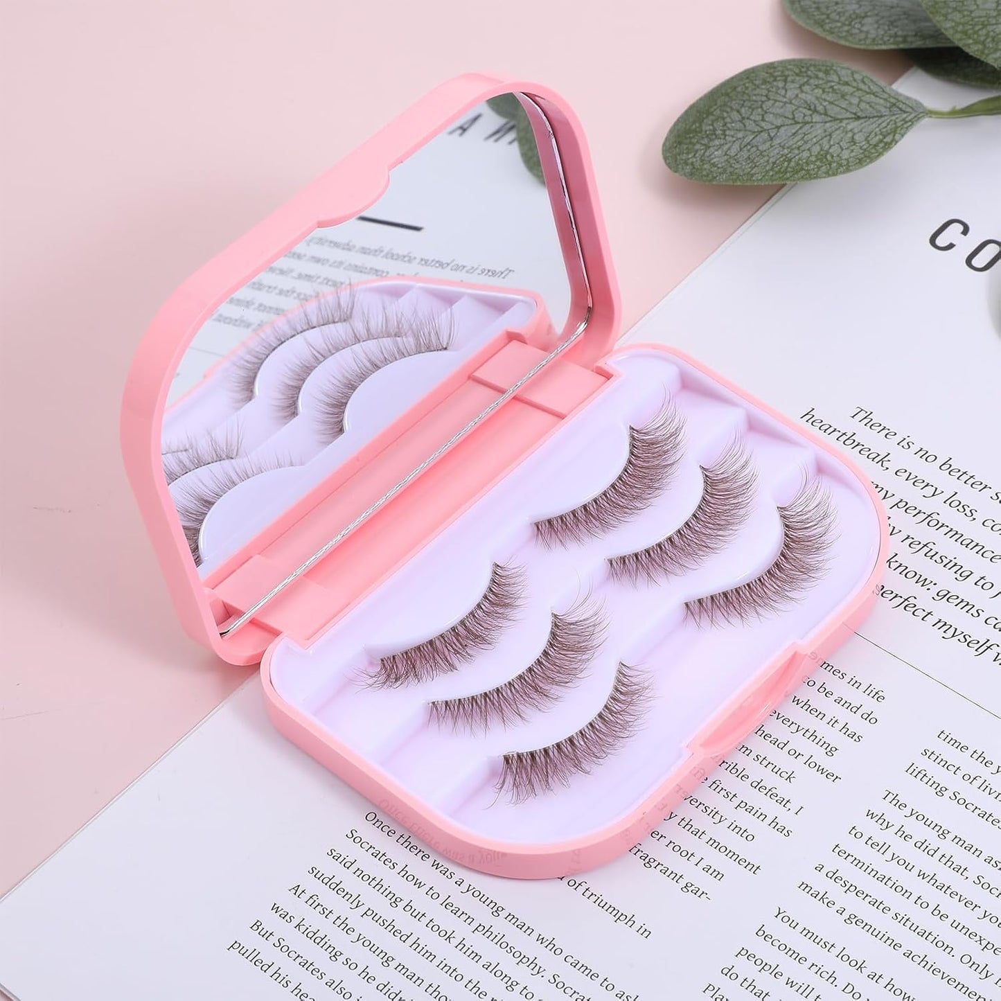 Eyelash Storage Case, 3 Layer Lash Case Makeup Storage Box with Makeup Mirror Empty Travel Cases Cosmetic Organizer Box Fake Eyelash Container Lash Packaging (Pink)