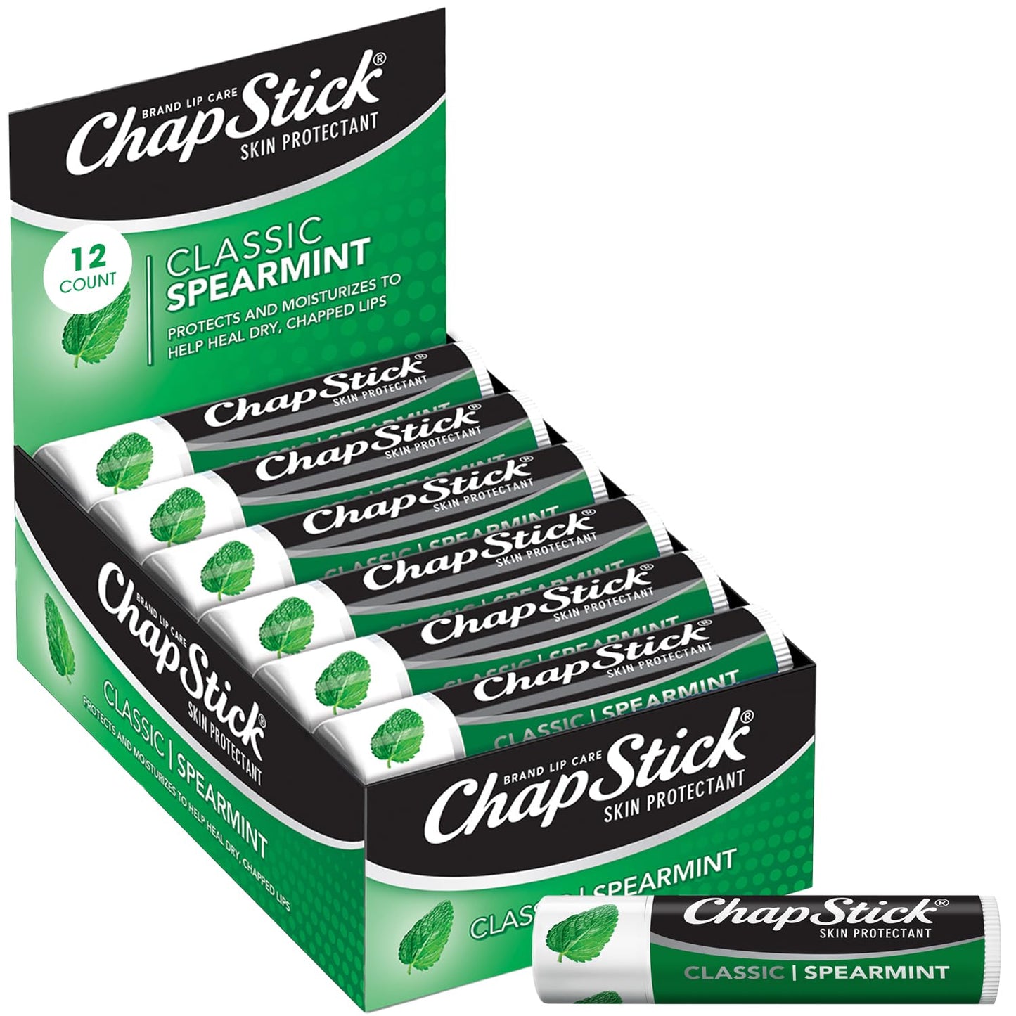 ChapStick Bulk Lip Balm, Classic Spearmint 12-Pack – Cool & Refreshing Lip Moisturizer for Dry Lips, 0.15 Oz Ea