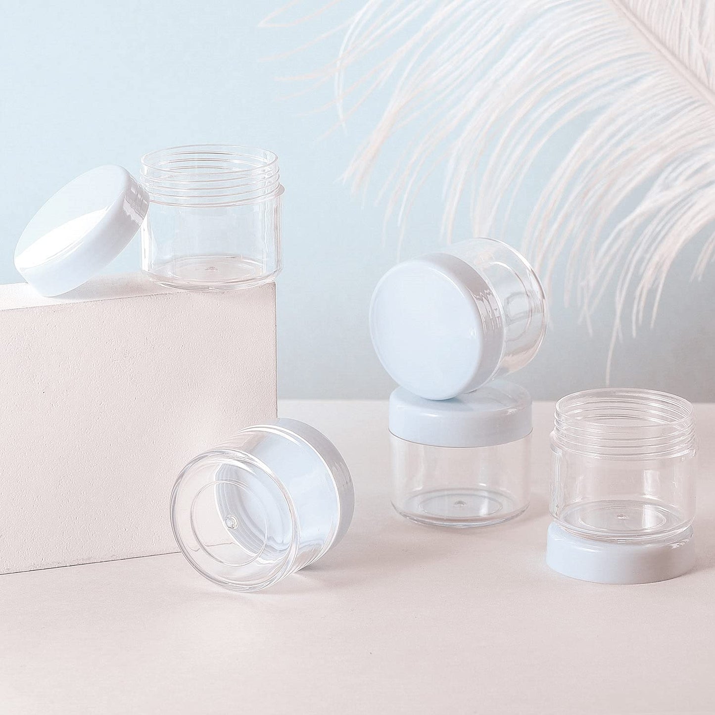 Refillable Cosmetic Sample Jars - 100 Pack 20g (0.7oz) White Small Travel Containers with Lids + 10 Mini Makeup Spatulas - BPA Free